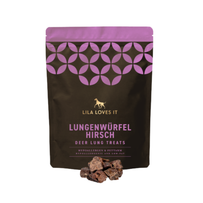 Produktfreisteller der Marke LILA LOVES IT. Zu erkennen ist ein Beutel gefüllt mit Lungenwürfel Hirsch.