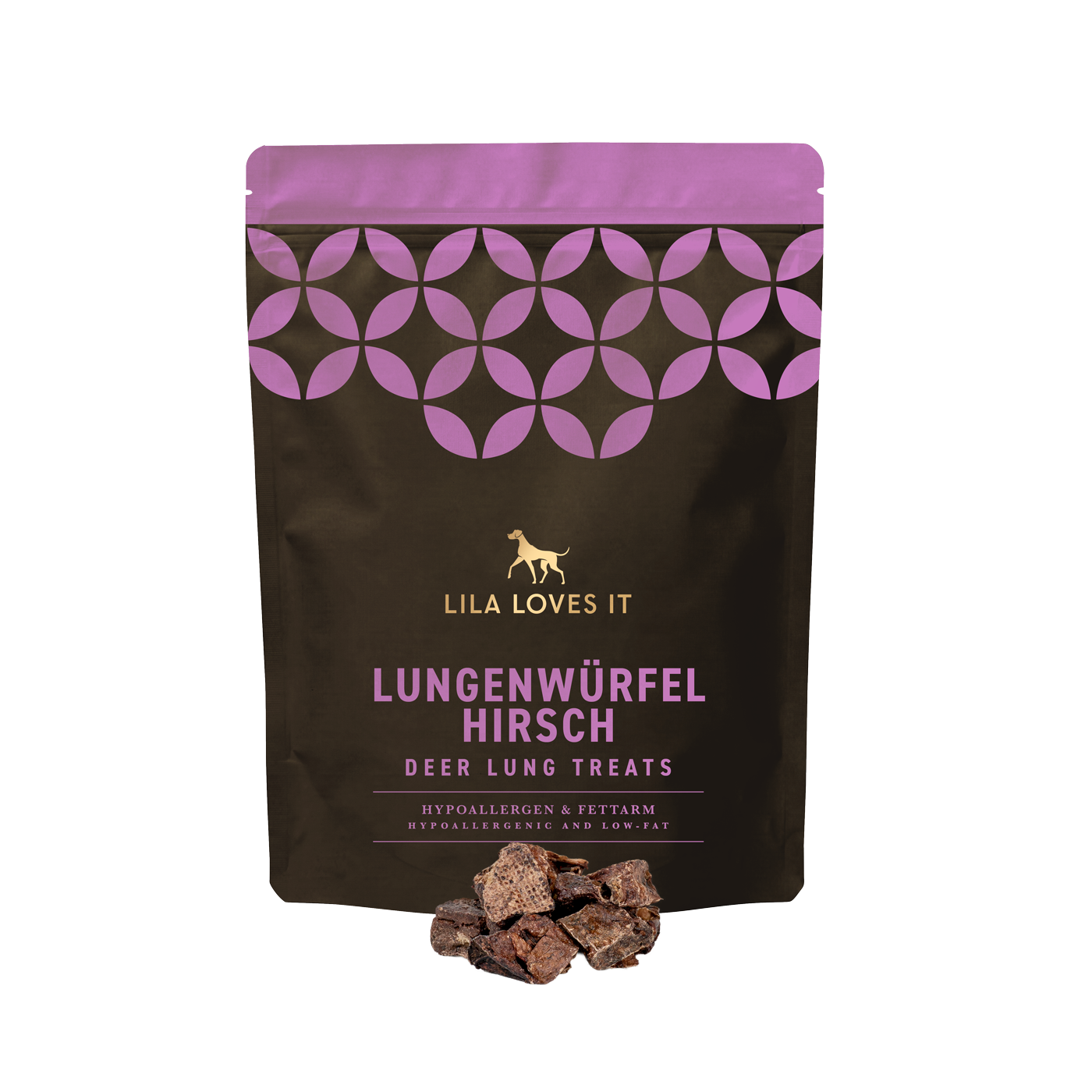 RS6219_Hirsch-lungewürfel Produktfreisteller der Marke LILA LOVES IT. Zu erkennen ist ein Beutel gefüllt mit Lungenwürfel Hirsch.