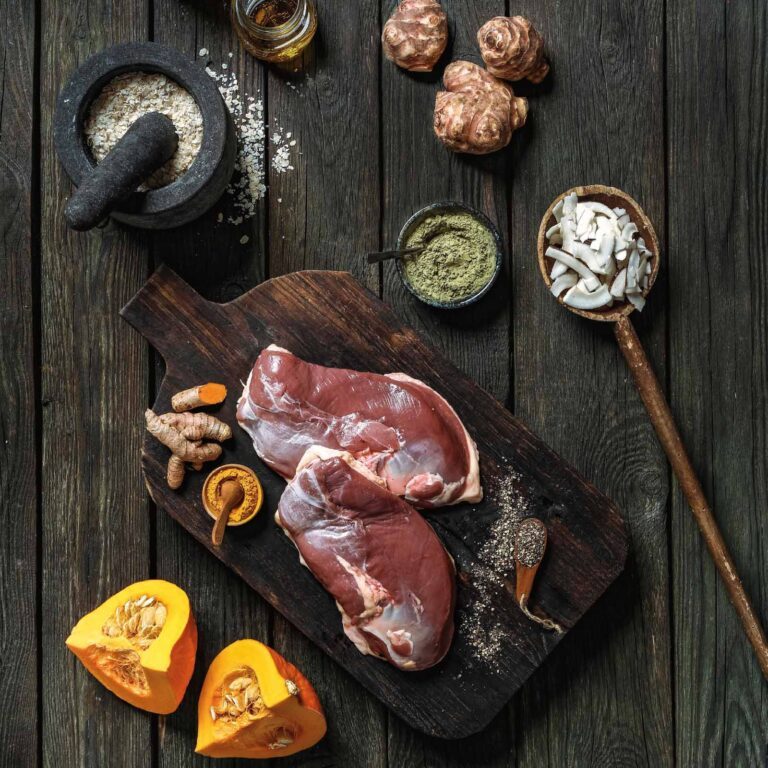 Bio-Ente Flatlay mit Inhaltsstoffe