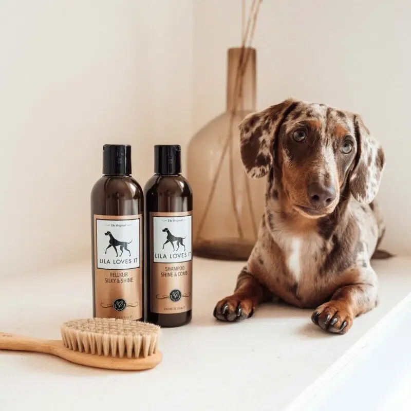 Kleiner gefleckter Hund liegt auf einem weißen Fliesenboden mit einer Flasche Shampoo & Fellkur und einer Welpenbürste | LILA LOVES IT "Fellkur Silky&Shine, Shampoo Shine&Comb & Welpenbürste"