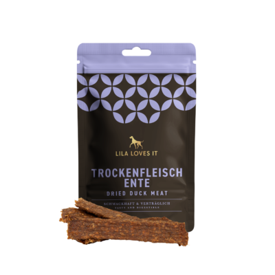 Produktfreisteller des Beutels Trockenfleisch Ente, der Marke LILA LOVES IT.