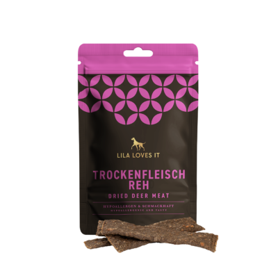Beutel in Pink-Braun, gefüllt mit Trockenfleisch für Hunde in der Sorte Reh von LILA LOVES IT.