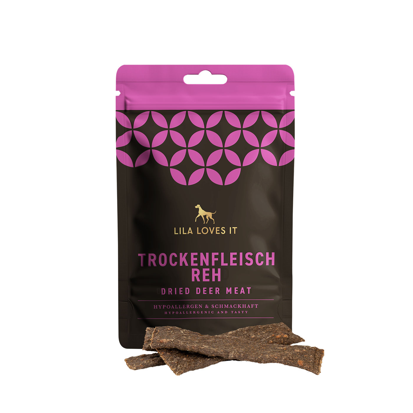 Trockenfleisch_Reh_Freisteller Beutel in Pink-Braun, gefüllt mit Trockenfleisch für Hunde in der Sorte Reh von LILA LOVES IT.