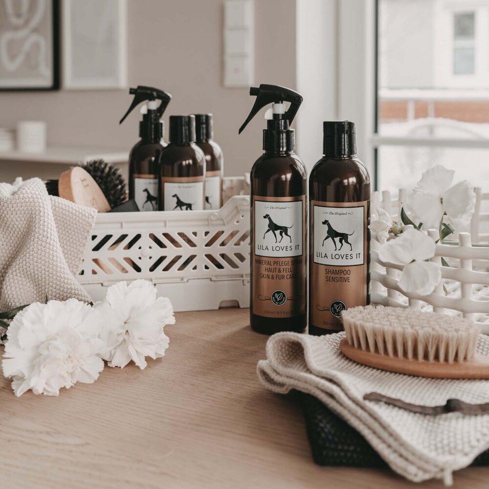 Verschiedenen Hunde-Pflege-Produkte in weißen Körbchen auf Holzoberfläche mit weißen Blumenblüten