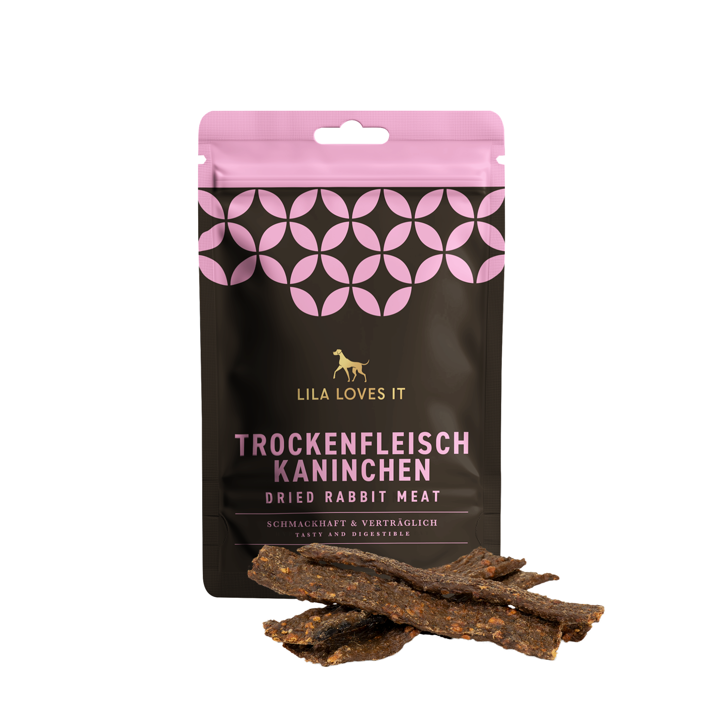 RS6262_Trockenfutter_M_kaninchen Produktfreisteller eines Beutels befüllt mit Trockenfleisch Kaninchen der Marke LILA LOVES IT.