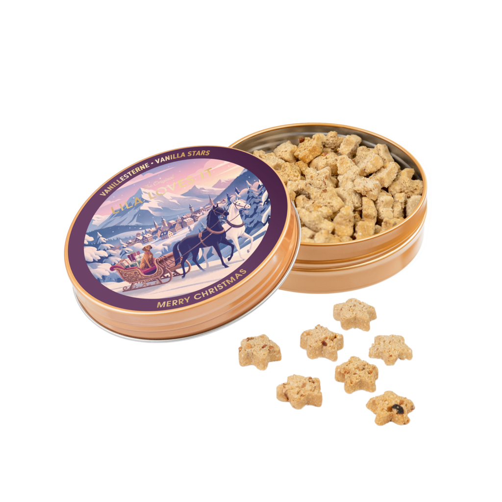 Vanille-Kokos Sternchen für Hunde in liebevoll gestalteter Dose im Weihnachtsdesign von LILA LOVES IT.