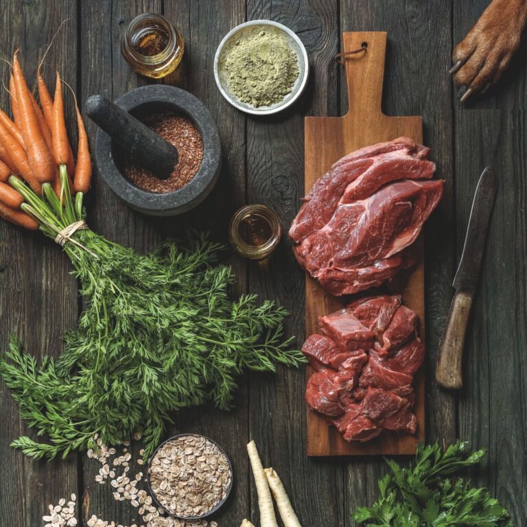 Lila loves it Nassfutter Bestandteile Rind: Rindfleisch auf einem Schneidebrett zusammen mit Karotten, Gewürzen, Öl, Haferflocken und Petersilie.