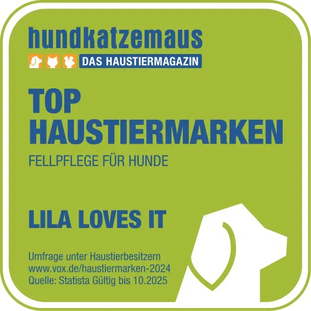 Siegel: Lila loves it als Top Haustiermarke für Fellpflege von Hunden. Zertifiziert von hundkatzemaus.