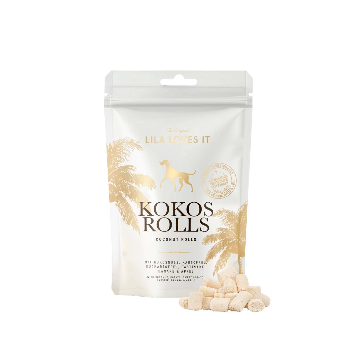 RS6320_LLI_Kokos-roll_fstlln Weiße Verpackung der LILA LOVES IT Kokos Rolls mit goldenen Palmenmotiven. Vor der Packung liegen mehrere helle, kleine Kokos-Röllchen.