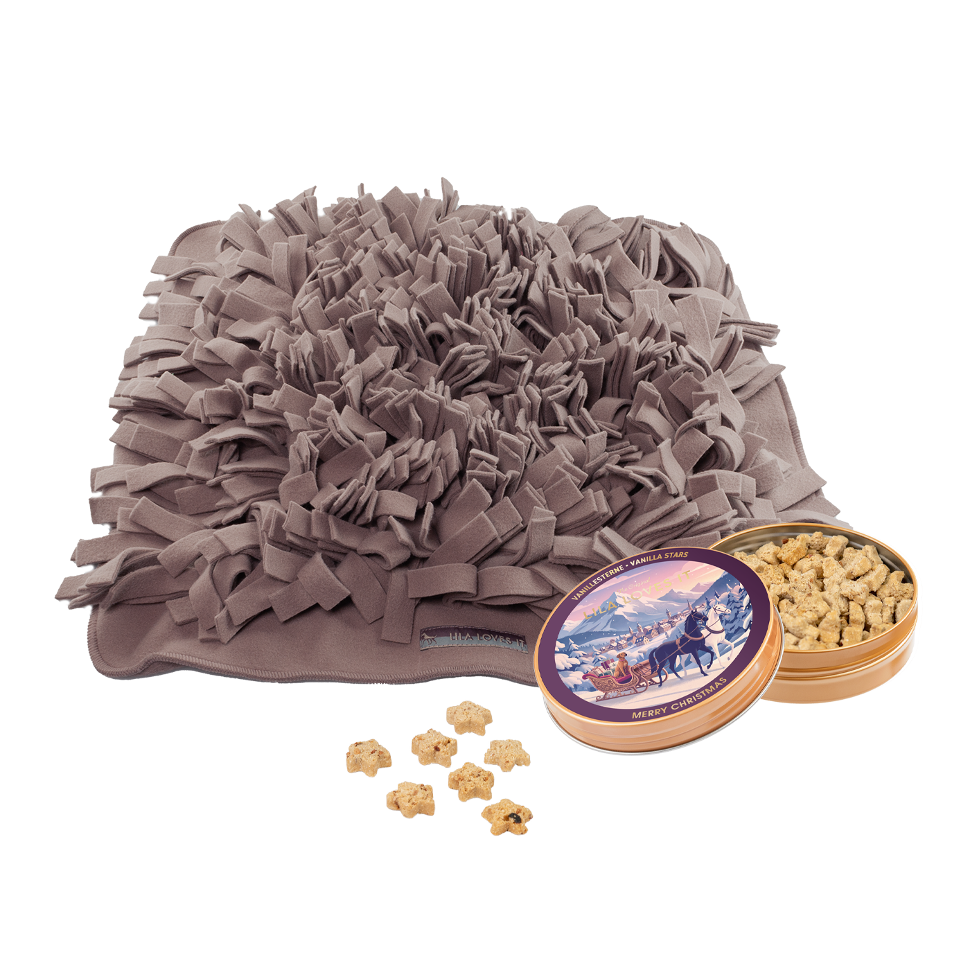 Schnüffelteppich-set-wgoodies Schnüffelteppich-Set für Hunde von LILA LOVES IT mit feinen Vanillesternchen in hochwertiger Dose.