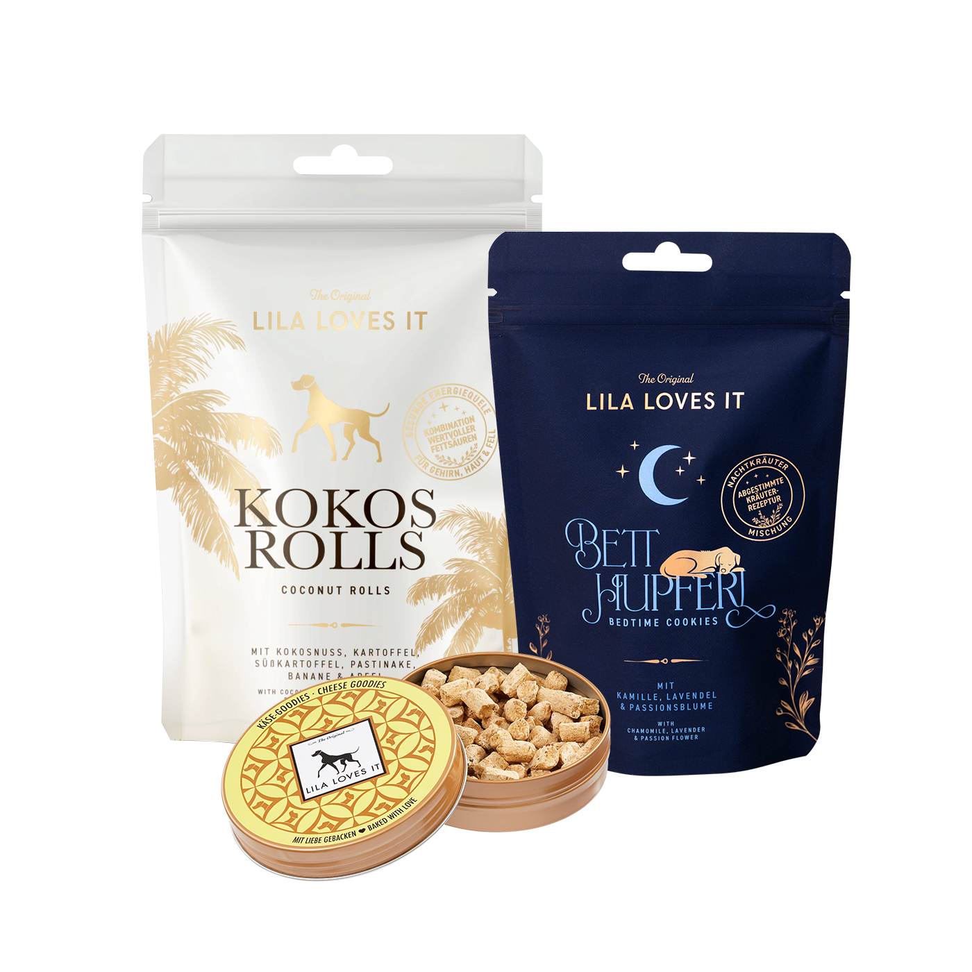 Veggie_Selektion_Freisteller Veggie-Selektion von LILA LOVES IT mit Kokos Rolls, Betthupferl mit Kamille, Lavendel und Passionsblume sowie einer geƶffneten Dose mit kleinen gebackenen Hundesnacks.