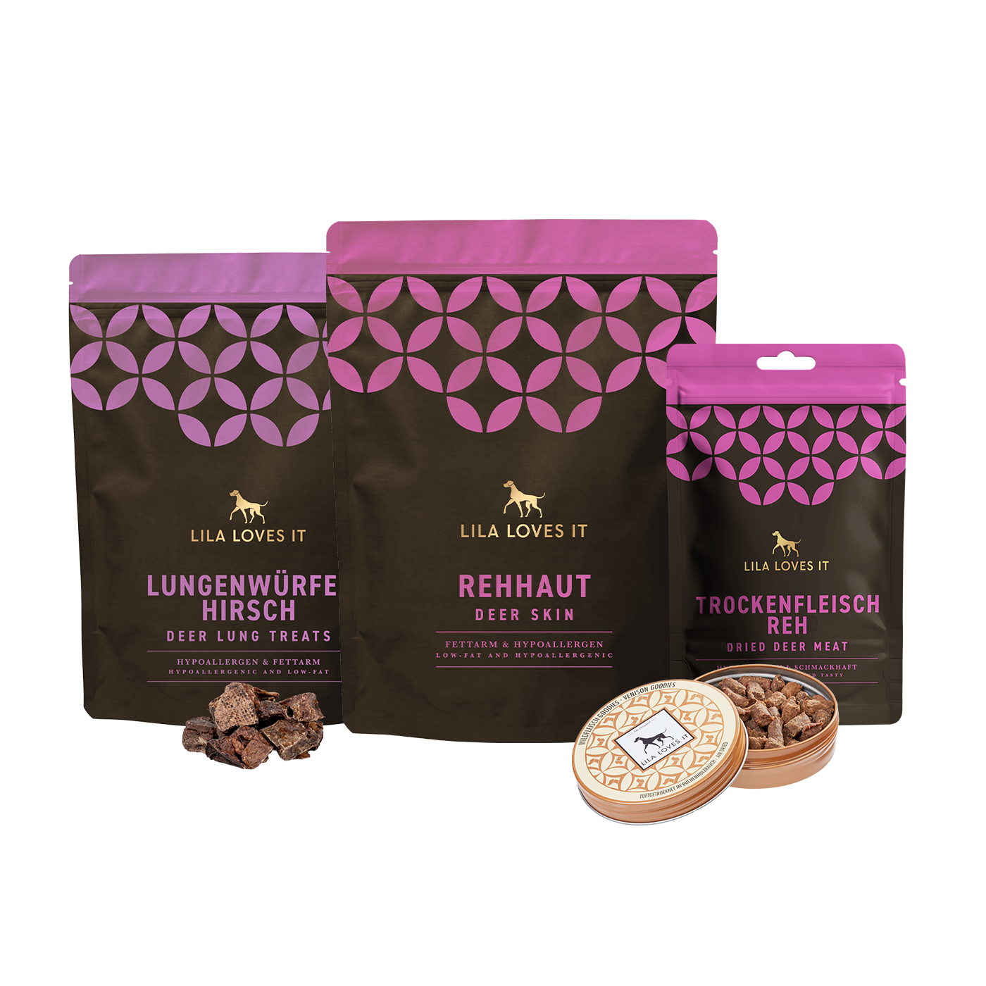 Wild_Selektion_Freisteller_final Produktset von LILA LOVES IT mit verschiedenen natürlichen Wild-Snacks für Hunde, darunter Lungenwürfel vom Hirsch, Rehhaut, getrocknetes Rehfleisch und Wild-Leckerlis in einer Dose.