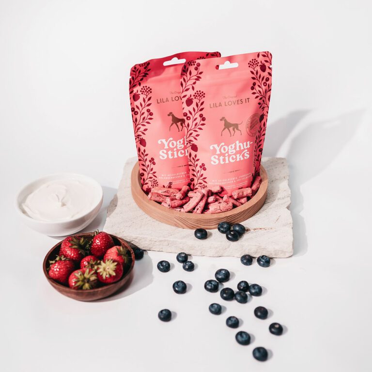 2 Beutel Yoghu-Sticks mit Beeren auf einem Tablett. Darum liegen verschiedene Beeren und Yoghurt.