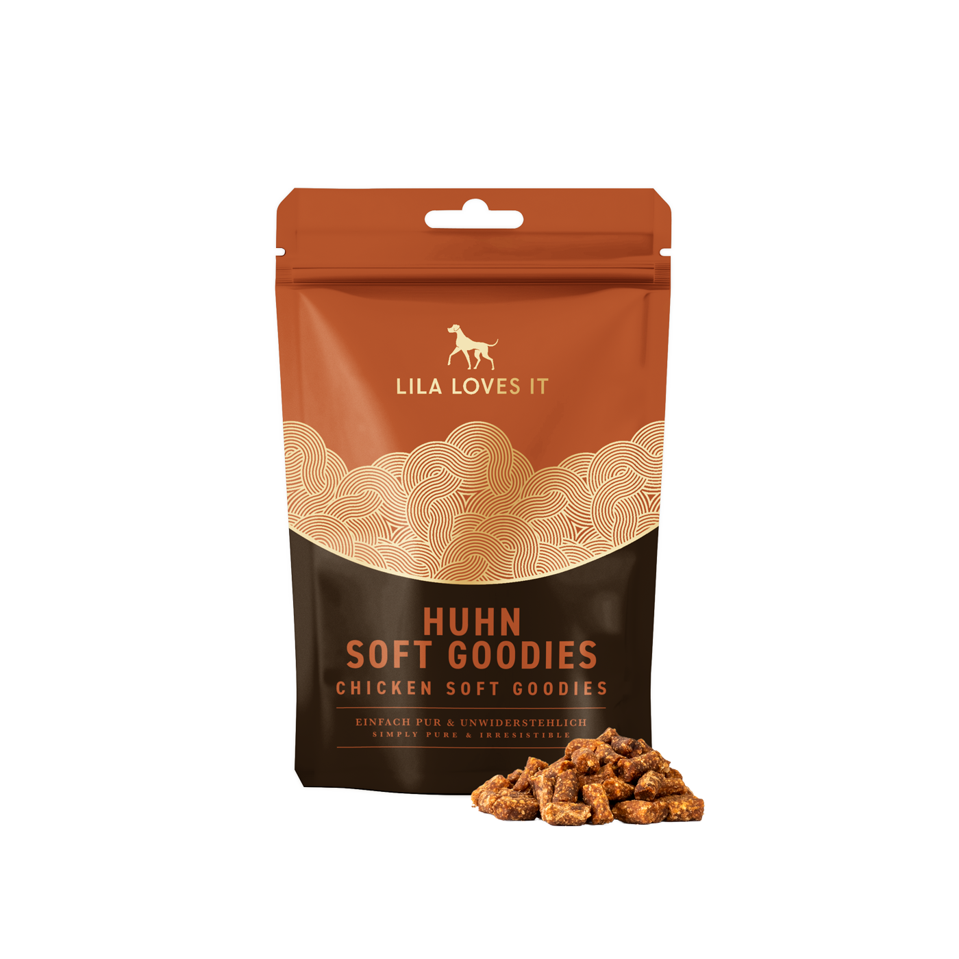 RS6386_huhn-softGoodies_ 250g Beutel in petrol-braun, gefüllt mit weichen Hunde Leckerlies in der Sorte Huhn.