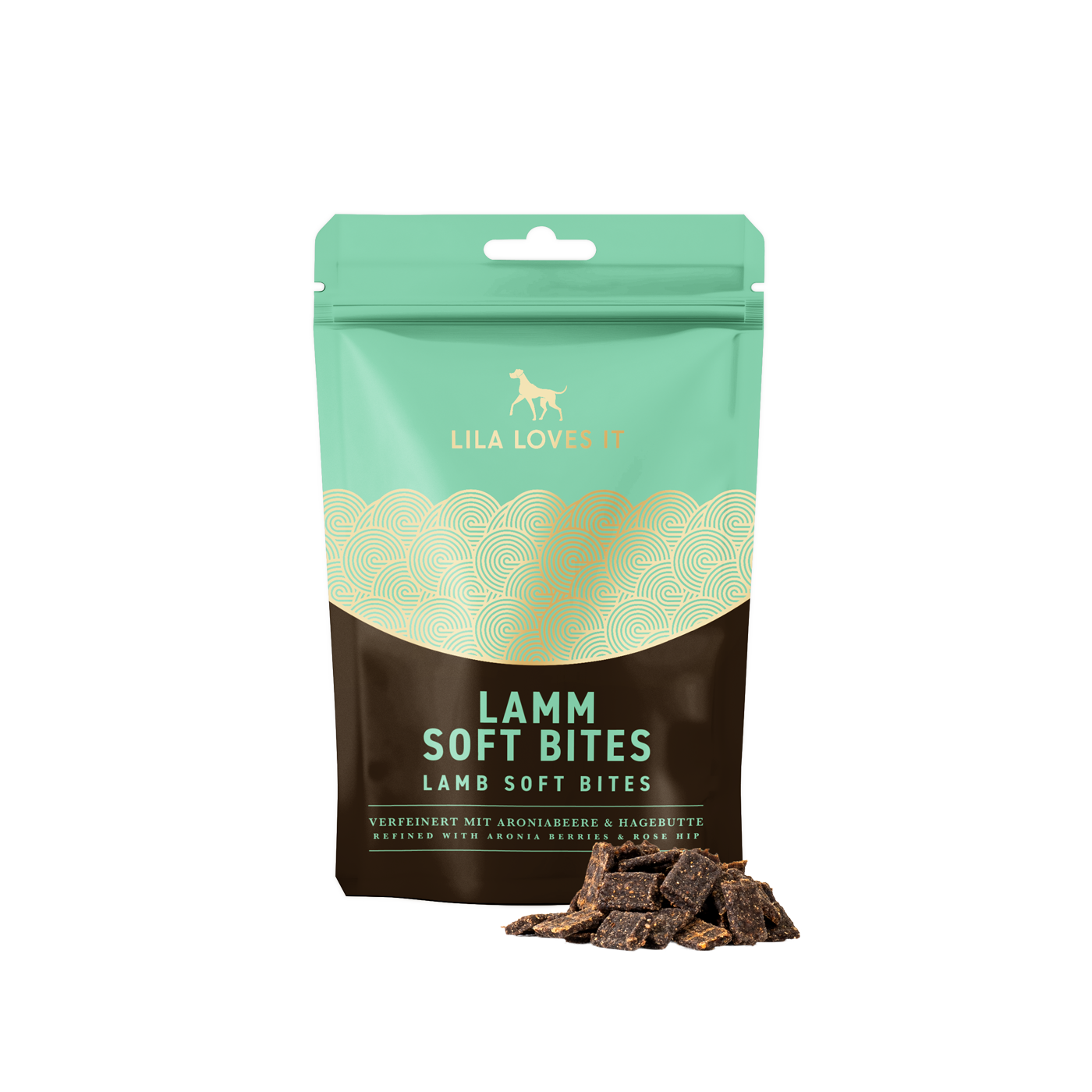 RS6388_lamm-softGoodies_ Beutel in türkis-braun, gefüllt mit weichen Hunde Leckerlies in der Sorte Lamm.