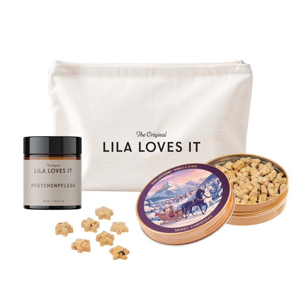 Weihnachtsgeschenkset der Marke LILA LOVES IT, bestehend aus einer Pfotenpflege, Weihnachtsleckerlies und einer Tasche.