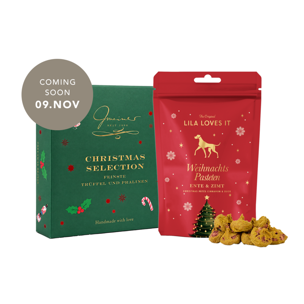 Geschenkset von LILA LOVES IT mit Pralinen für Menschen und Ente-Zimt Pasteten für Hunde in hochwertiger Verpackung.