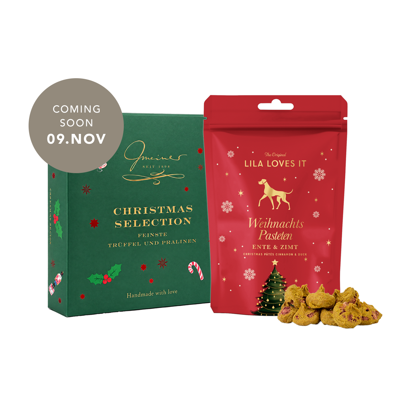 Praline-lovers-pre Geschenkset von LILA LOVES IT mit Pralinen für Menschen und Ente-Zimt Pasteten für Hunde in hochwertiger Verpackung.