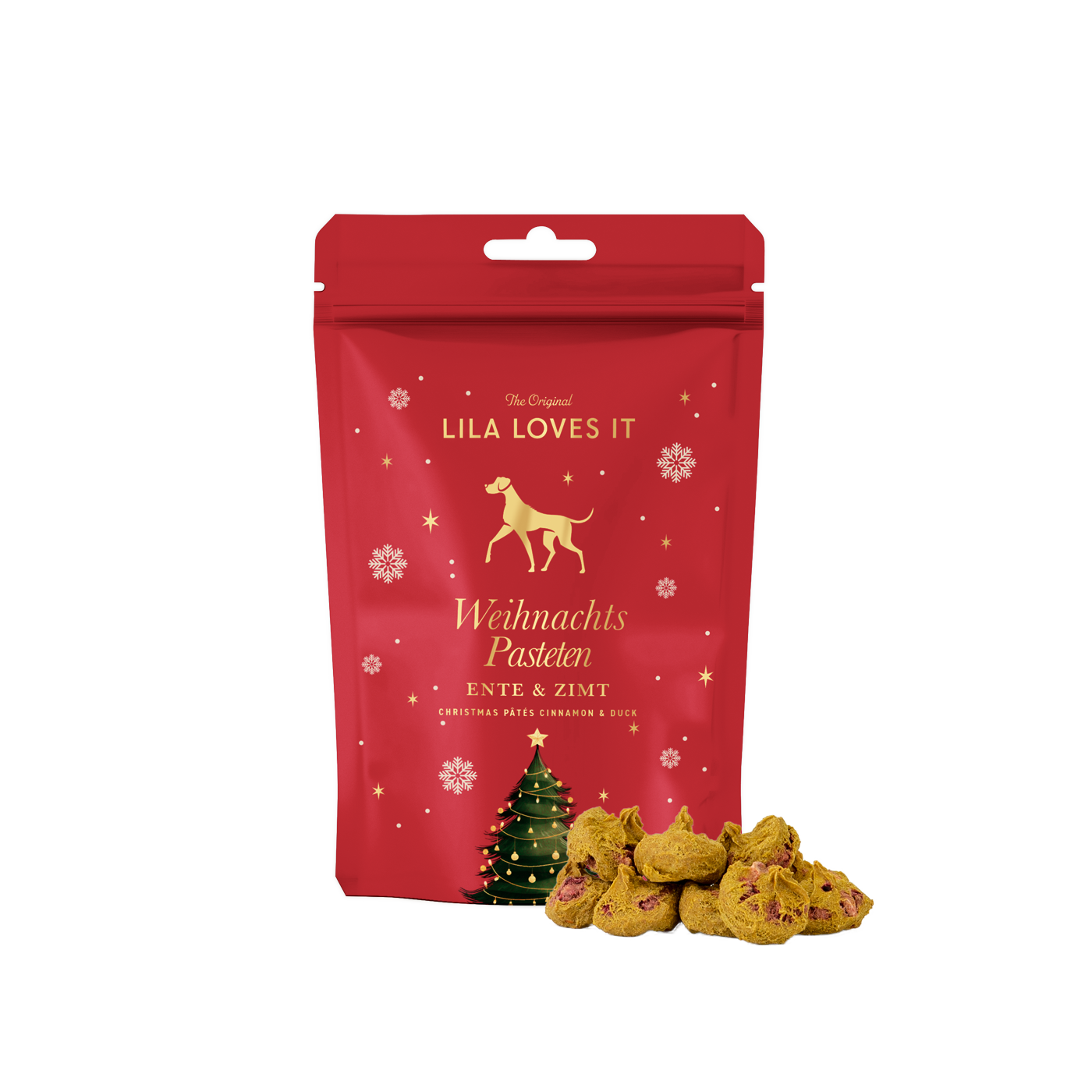 ente-zimt-pasteten-freisteller Beutel im weihnachtlichen rot-gold Design, gefüllt mit feinen Ente-Zimt Pasteten für Hunde.