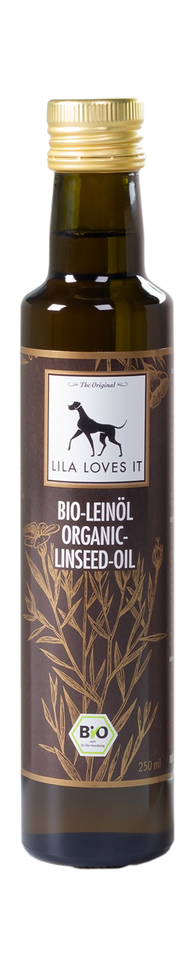 Bio-Leinöl für Hunde in dunkler Glasflasche