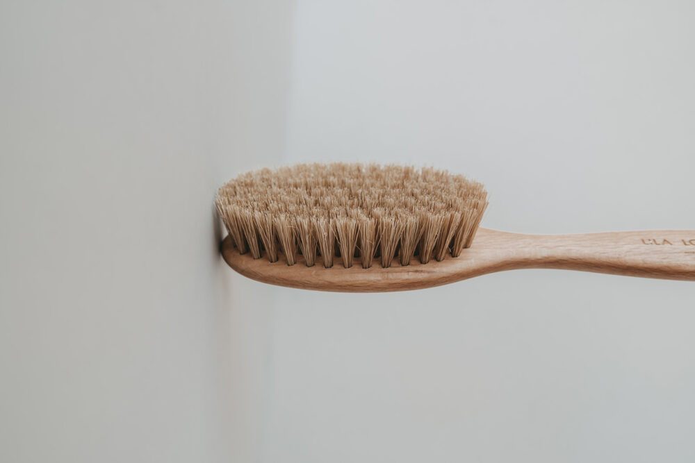 Haarbürste aus Holz für Welpen rechtsbündig von hinten auf grauem Hintergrund