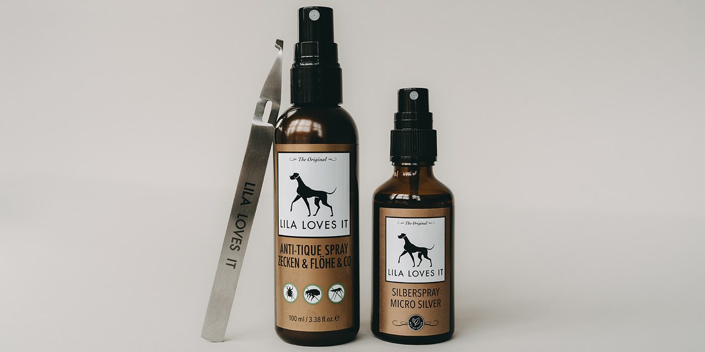 Zecken Set für Hunde in zwei braunen Sprüh-Flaschen Zeckenschutzmittel, Desinfektionsspray und Zeckenzange | LILA LOVES IT "Zeckenschutz Set"