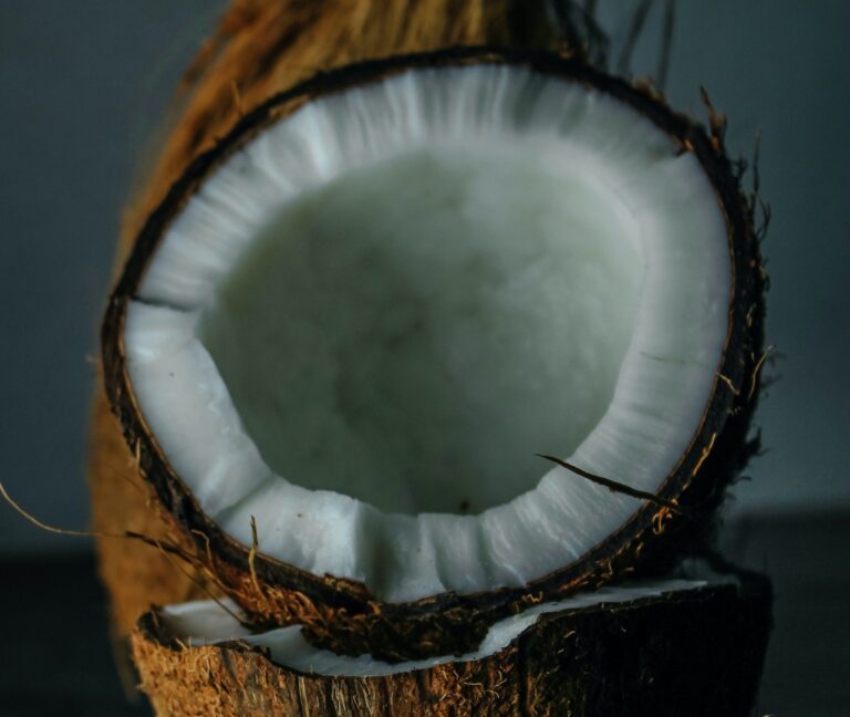 Zwei aufeinander gestapelte Hälften einer braunen Kokosnuss voller Fruchtfleisch