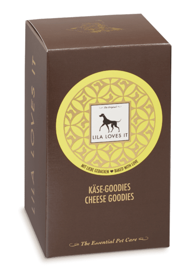 elegante brauen und gelbe Faltschachtel mit Leckerli für Hunde aus Käse auf transparentem Hintergrund | LILA LOVES IT "Käse-Goodies"