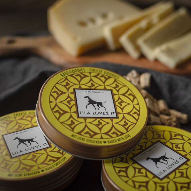 mehrere elegante gelbe Metall-Dosen mit Leckerli für Hunde aus Käse liegen auf einer dunklen Decke neben einem Brett mit Käsestücken | LILA LOVES IT "Käse-Goodies"