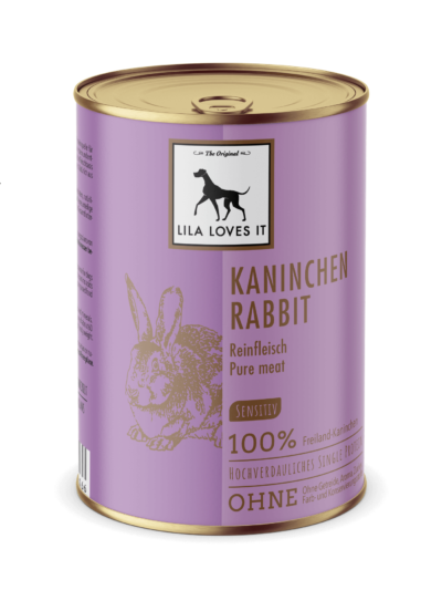 Violette Metall-Dose in elegantem Design für Hundefutter aus Kaninchenfleisch für Allergiker | LILA LOVES IT "Reinfleisch Kaninchen"