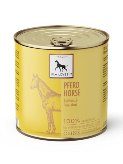 Große gelbe Metall-Dose in elegantem Design für Hundefutter aus Pferdefleisch für Allergiker | LILA LOVES IT "Reinfleisch Pferd"