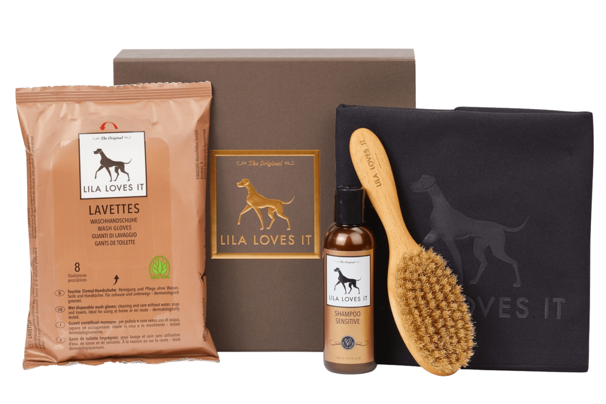 Eldle Geschenkbox zur Hundepflege speziell für Welpen mit einer Bürste, Hundeshampoo für empfindliche Haut und praktischen Waschhandschuhen | LILA LOVES IT "Welpen-Starter-Set"